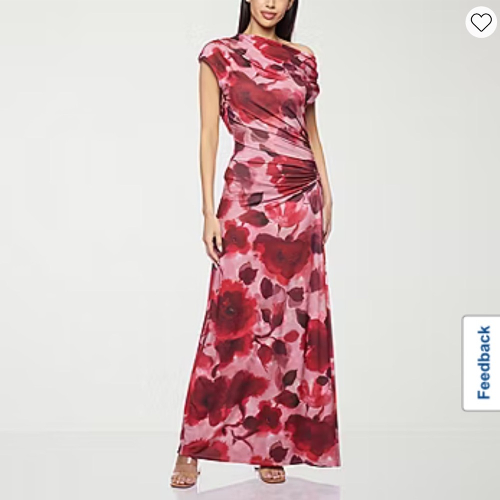 Premier Amour Drop Shoulder Pink Burgundy Floral Side Ruching Maxi Dress Size 2P